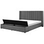 Eu Super King Size Panel Bed Grey Velvet 6ft Slatted Base High Headrest With Storage Bench