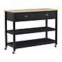 Kitchen Trolley Black Light Wood Top 2 Shelves 2 Cutlery Drawers Casters