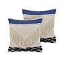 Set Of 2 Scatter Cushions Beige Cotton 45 X 45 Cm Pillow Case Textured Fringe With Polyester Filling