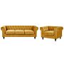 Chesterfield Living Room Set Mustard Yellow Velvet Upholstery Black Legs 3 Seater Sofa + Armchair