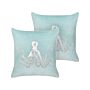 Set Of 2 Scatter Cushions Blue Velvet 45 X 45 Cm Marine Octopus Motif Square Polyester Filling