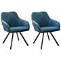 Set Of 2 Dining Chairs Blue Fabric With Arms Quilted Backrest Black Metal Legs Retro Transitional