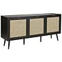 3 Door Sideboard Black Manufactured Wood With Rattan Front Black Rubberwood Legs