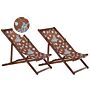 Set Of 2 Garden Deck Chairs Dark Acacia Wood Frame Poppies Pattern Replacement Fabric Hammock Seat Reclining Folding Sun Lounger