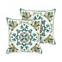 Set Of 2 Scatter Cushions Green Cotton Fabric Oriental Pattern 45 X 45 Cm Throw Pillow