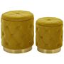 Set Of Storage Pouffes Mustard Polyester Velvet Button Tufted Upholstery Golden Base