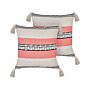 Set Of 2 Decorative Pillows Beige And Red Cotton 45 X 45 Cm Striped Pattern With Tassels Boho Design Throw Cushions