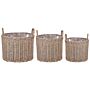 Set Of 3 Plant Baskets Brown Pe Rattan Round With Handles Synthetic Inlay Beliani