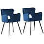 Set Of 2 Chairs Dining Chair Navy Blue Velvet With Armrests Cut-out Backrest Black Metal Legs