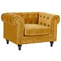 Chesterfield Armchair Yellow Velvet Fabric Upholstery Dark Wood Legs