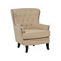 Armchair Wingback Chair Beige Button Tufted Back Black Legs Nailhead Trim Elegant Chesterfield Style