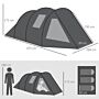 Outsunny 3-4 Man Tunnel Tent, Two Room Camping Tent With Windows And Covers, Portable Carry Bag - Black