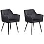 Set Of 2 Dining Chairs Black Velvet Upholstered Seat With Armrests Black Metal Legs