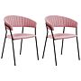 Set Of 2 Dining Chairs Pink Velvet Fabric Upholstery Black Metal Legs With Armrests Curved Backrest