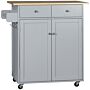 Homcom Rolling Kitchen Island On Wheels, Utility Serving Cart With Rubber Wood Top, Towel Rack, Hooks And Storage Drawers, Grey