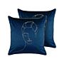 Set Of 2 Decorative Cushions Blue And Gold Velvet 45 X 45 Cm Face Motif