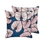 Set Of 2 Decorative Cushions Pink Blue Velvet 45 X 45 Cm Leaf Print