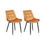 Set Of 2 Dining Chairs Orange Velvet Black Steel Legs Modern Upholstered Chairs