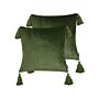 Set Of 2 Decorative Cushions Green Velvet 45 X 45 Cm Square With Tassels Elegant Décor Accessories