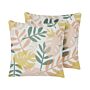 Set Of 2 Outdoor Cushions Multicolour Polyester 45 X 45 Cm Leaf Print Pattern Garden Patio