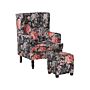 Armchair With Footstool Black Floral Pattern Fabric Wooden Legs Wingback Style