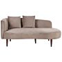 Chaise Lounge Taupe Velvet Polyester Upholstery Left Hand Dark Wood Legs Extra Throw Pillows