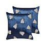 Set Of 2 Scatter Cushions Navy Blue And Silver Velvet 45 X 45 Cm Square Handmade Throw Pillows Embroidered Flies Pattern Removable Cover