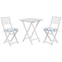 3 Piece Bistro Set White Solid Acacia Wood Blue Cushions Folding Slatted Design