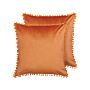 Set Of 2 Scatter Cushions Orange Velvet 45 X 45 Cm With Mini Pom Poms Chair Cushion