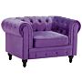 Chesterfield Armchair Purple Velvet Fabric Upholstery Dark Wood Legs