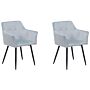 Set Of 2 Dining Chairs Grey Velvet Upholstered Seat With Armrests Black Metal Legs