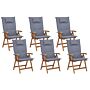 Set Of 6 Garden Chairs Light Acacia Wood With Blue Cushions Folding Feature Uv Resistant