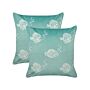 Set Of 2 Scatter Cushions Green Velvet Polyester Fabric Fishes Pattern 45 X 45 Cm Pillows For Kids