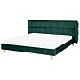 Bed Frame Emerald Green Velvet Tufted Upholstery Light Wood Legs Eu Super King Size 6ft Slatted With Adjustable Wingback Headboard