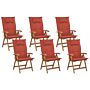 Set Of 6 Garden Chairs Light Acacia Wood With Red Cushions Folding Feature Uv Resistant