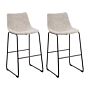 Set Of 2 Bar Stools Beige Fabric Upholstery Black Metal Legs Footstool