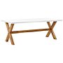 Outdoor Dining Table White Concrete Tabletop Light Wooden Legs Acacia 8 People Capacity 200 X 100 Cm