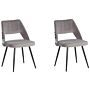 Set Of 2 Dining Chairs Grey Velvet Seat Black Metal Legs Cut-out Back Floral Pattern