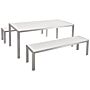 Garden Dining Set White Outdoor 3 Piece Rectangular Table 2 Benches Brushed Aluminium Frame