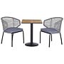 Bistro Set Grey 2 Chairs Seating Cushions Table Plastic Wood Top Black Metal Legs 3 Piece Outdoor Garden Set