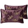 Set Of 2 Decorative Cushions Purple Velvet 30 X 50 Cm Animal Pattern Dragonfly Motif Modern Glamour Pillow