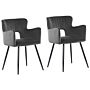 Set Of 2 Chairs Dining Chair Dark Grey Velvet With Armrests Cut-out Backrest Black Metal Legs