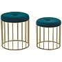 Set Of 2 Nesting Pouffes Teal Blue Seat Polyester Velvet Upholstery Golden Iron Base