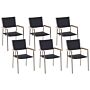 Set Of 6 Garden Dining Chairs Black And Silver Faux Rattan Seat Stainless Steel Legs Stackable Outdoor Resistances