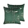 Set Of 2 Decorative Cushions Green Velvet 45 X 45 Cm Face Motif Print