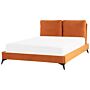 Eu Double Size Bed Orange Velvet Upholstery 4ft6 Slatted Base With Thick Padded Headboard With Cushions