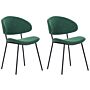 Set Of 2 Dining Chairs Green Fabric Upholstery Black Metal Legs Armless Curved Backrest