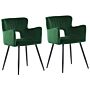 Set Of 2 Chairs Dining Chair Emerald Velvet With Armrests Cut-out Backrest Black Metal Legs