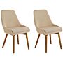 Set Of 2 Chairs Sand Beige Polyester Fabric Dark Solid Wood Legs Thickly Padded Seat