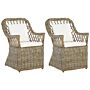 Set Of 2 Garden Armchairs Natural Rattan With Cotton Seat Back Cushions Off-white